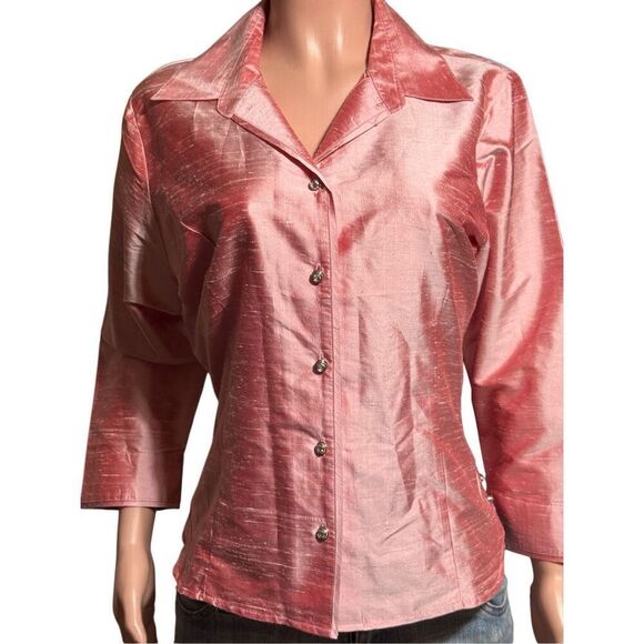 pink button down indie v-neck 3/4 sleeves top 14/L - Picture 4 of 7